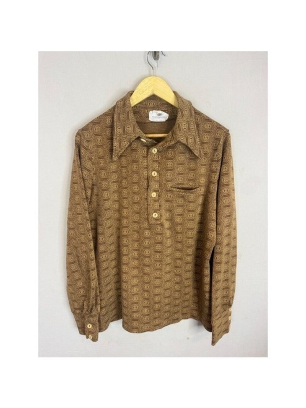 Vintage 70s Mod Pierre Marquez Mens Brown Geometric Medallion Long Sleeve Shirt